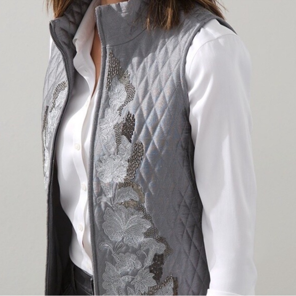 Chico's Gray Quilted Vest with Floral Embroidery